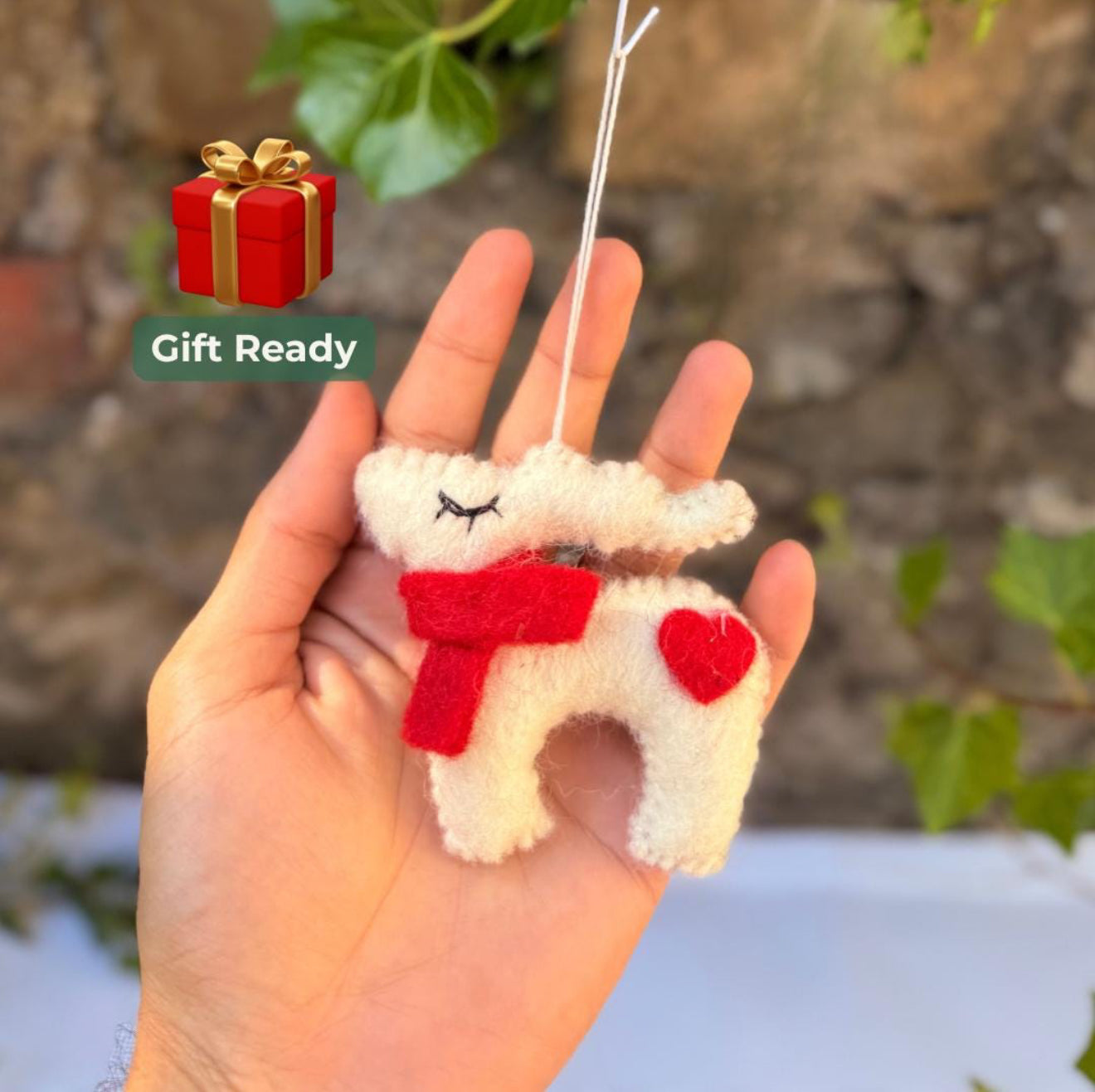 Handmade Wool Felt Reindeer Ornament | Eco-Friendly Valentine’s Day Gift | Heart Detail & Red Scarf | Free UK Shipping