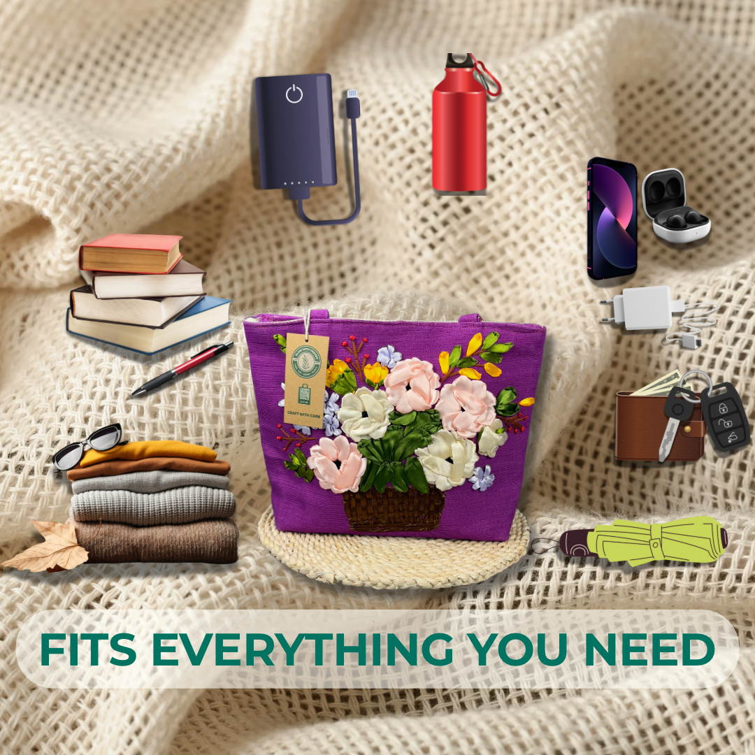 Handcrafted Floral Tote Bag – Eco-Friendly, Stylish & Sustainable | Dark Purple, Light Pink, Light Purple, Floral