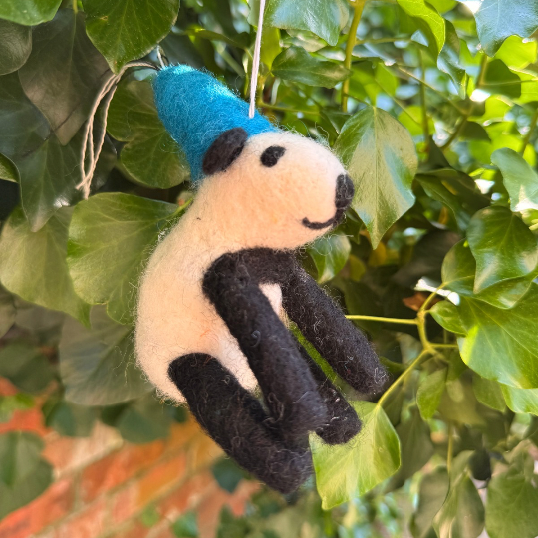 Handmade Felt Panda Bear Ornament with Blue Party Hat | Free Shipping Uk