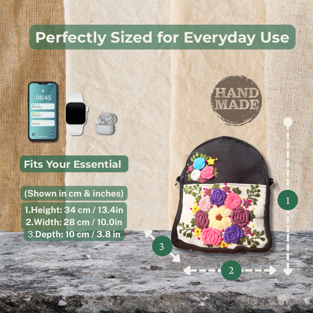 Handmade Embroidered Backpack for Women | Boho Floral Rucksack with Extra Laces | Lightweight Everyday Bag | Free UK Shipping