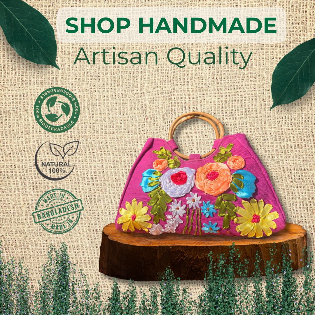 Handmade Floral Embroidered Jute Tote – Eco-Friendly Lightweight Bag with Bamboo Handle