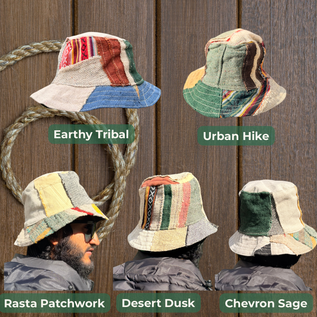 Handmade Hemp Patchwork Bucket Hat – Eco-Friendly Unisex Festival Hat