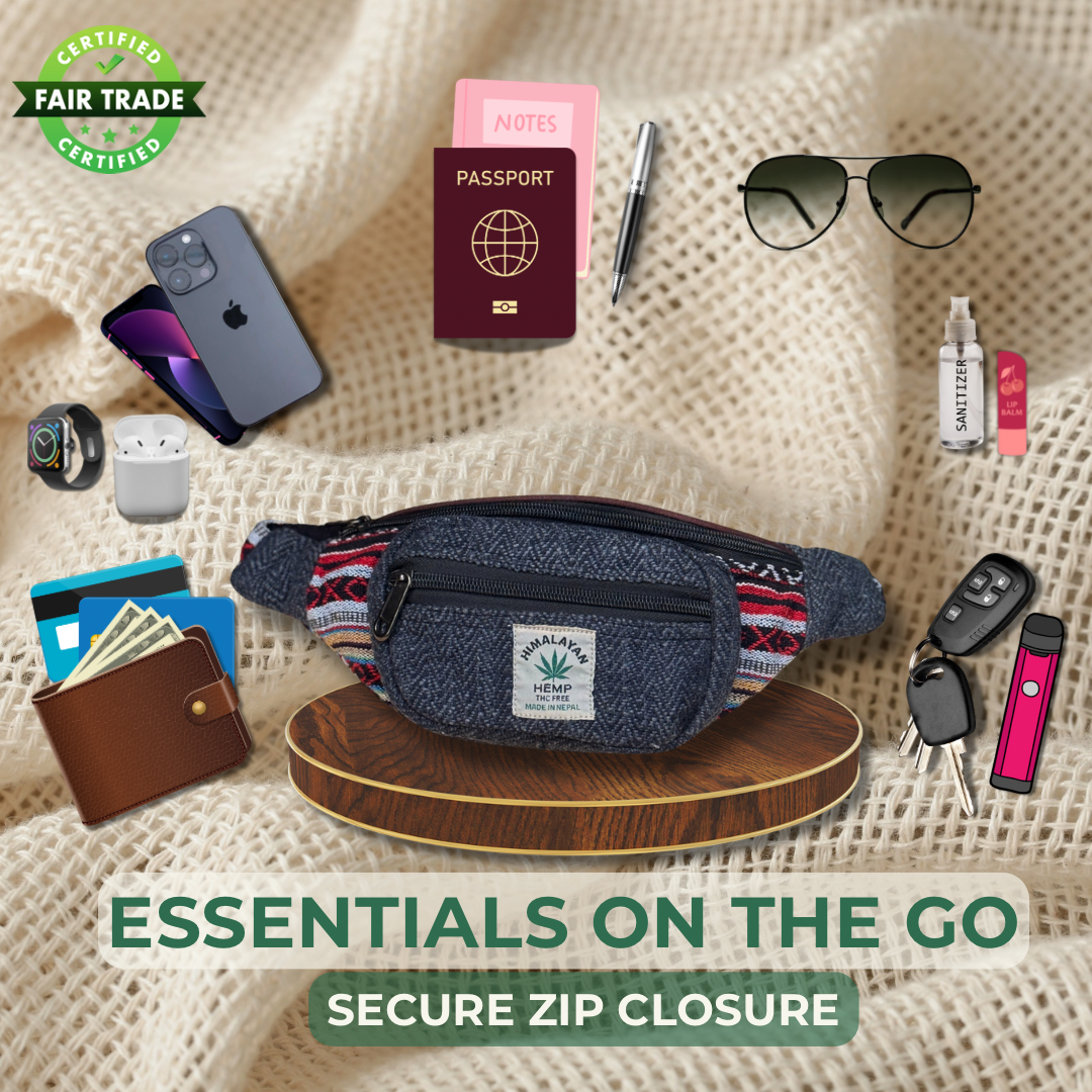 Handmade Hemp Waist Bag with Hidden Pocket | Eco-Friendly Festival & Travel Belt Bag | Adjustable Strap | Free UK Shipping