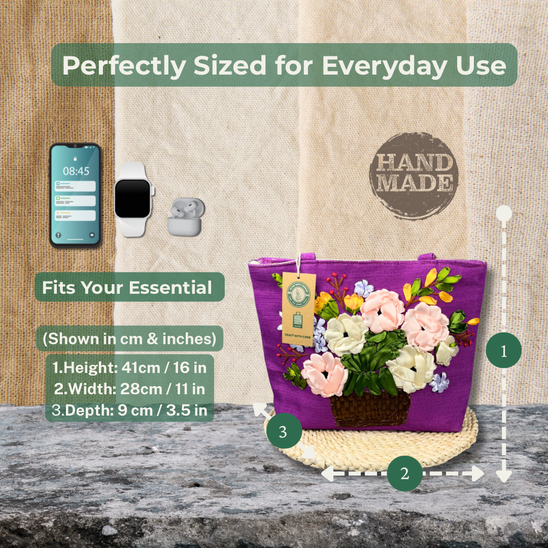 Handcrafted Floral Tote Bag – Eco-Friendly, Stylish & Sustainable | Dark Purple, Light Pink, Light Purple, Floral