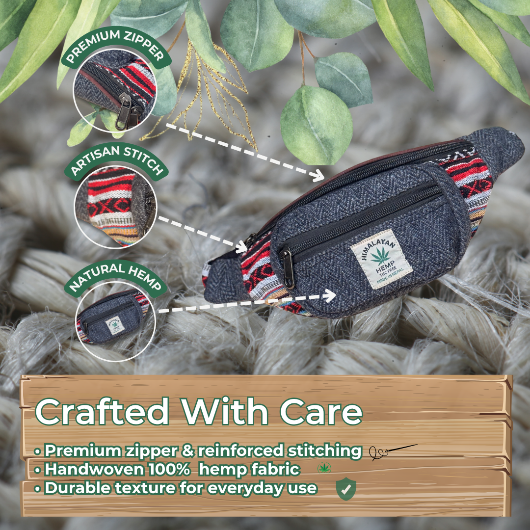 Handmade Hemp Waist Bag with Hidden Pocket | Eco-Friendly Festival & Travel Belt Bag | Adjustable Strap | Free UK Shipping