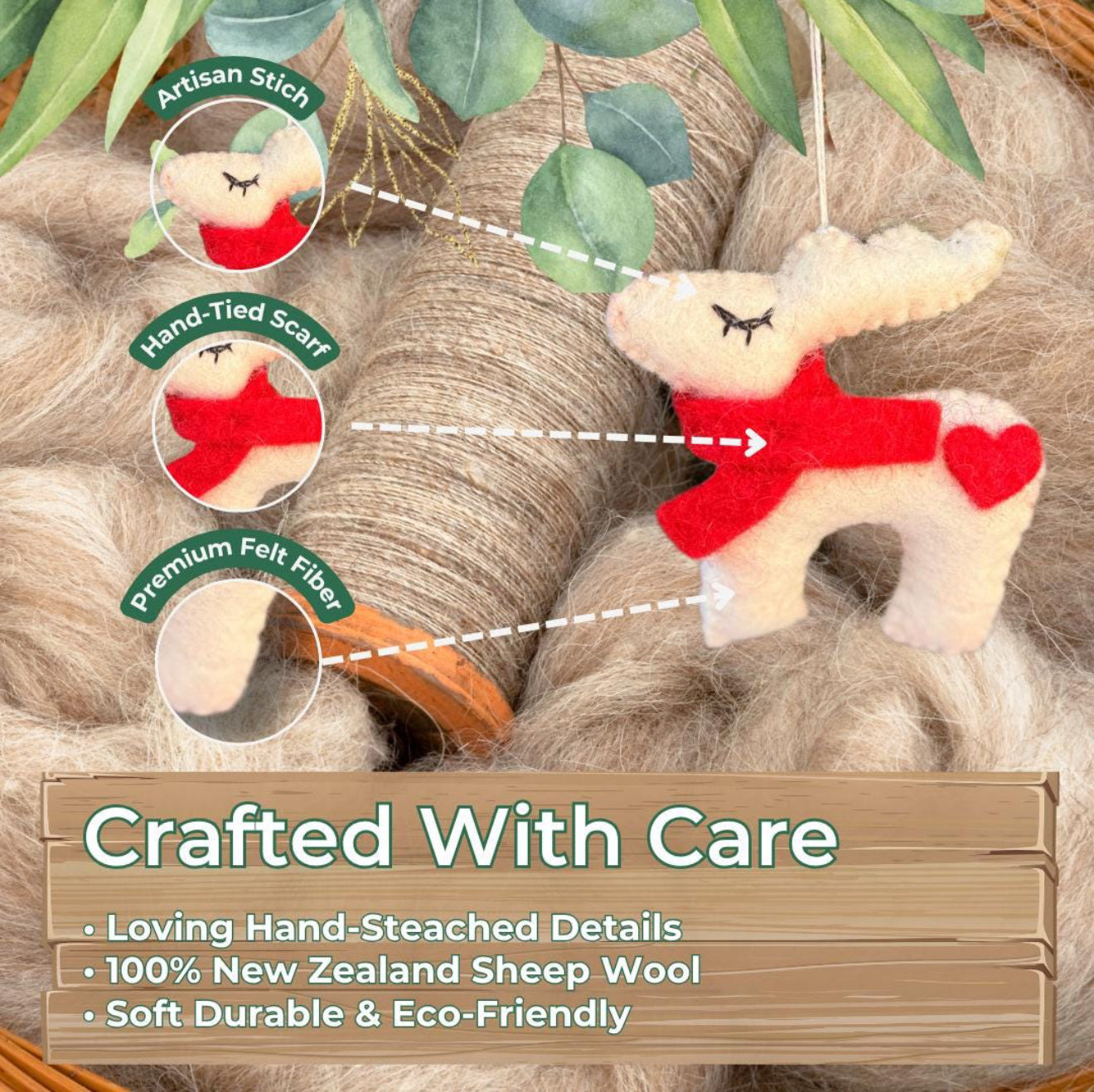 Handmade Wool Felt Reindeer Ornament | Eco-Friendly Valentine’s Day Gift | Heart Detail & Red Scarf | Free UK Shipping