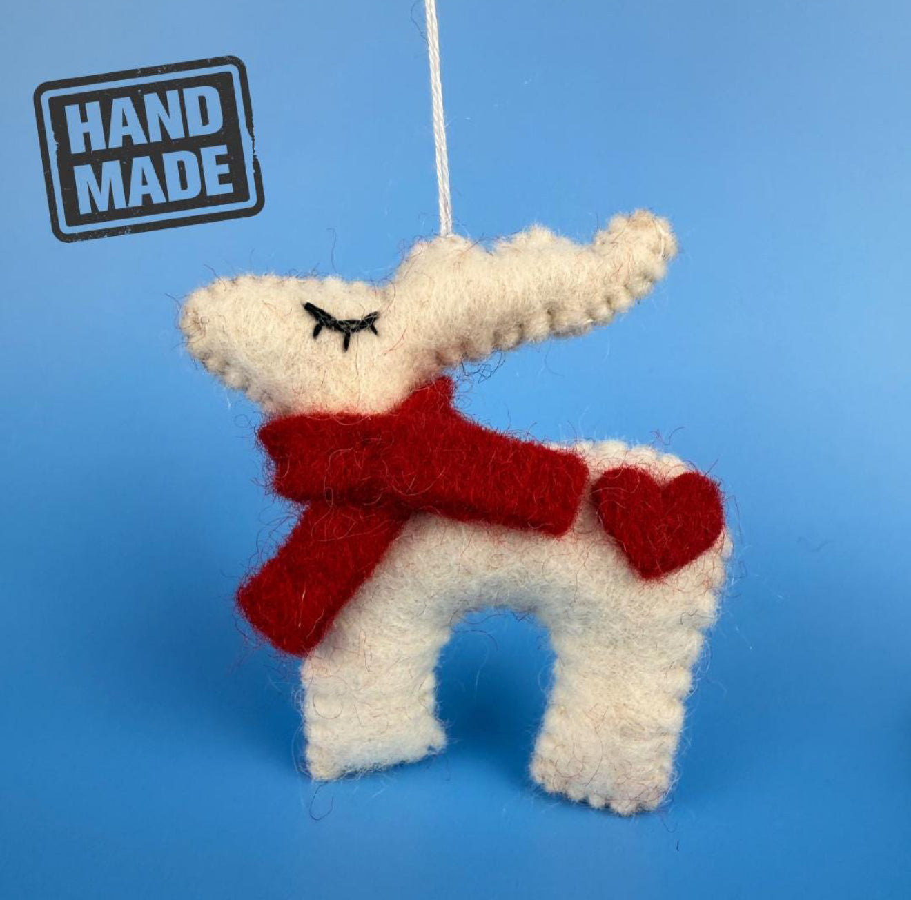 Handmade Wool Felt Reindeer Ornament | Eco-Friendly Valentine’s Day Gift | Heart Detail & Red Scarf | Free UK Shipping
