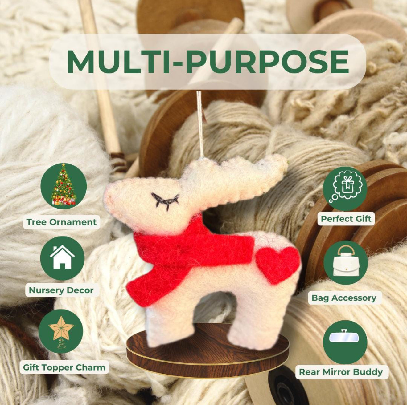 Handmade Wool Felt Reindeer Ornament | Eco-Friendly Valentine’s Day Gift | Heart Detail & Red Scarf | Free UK Shipping