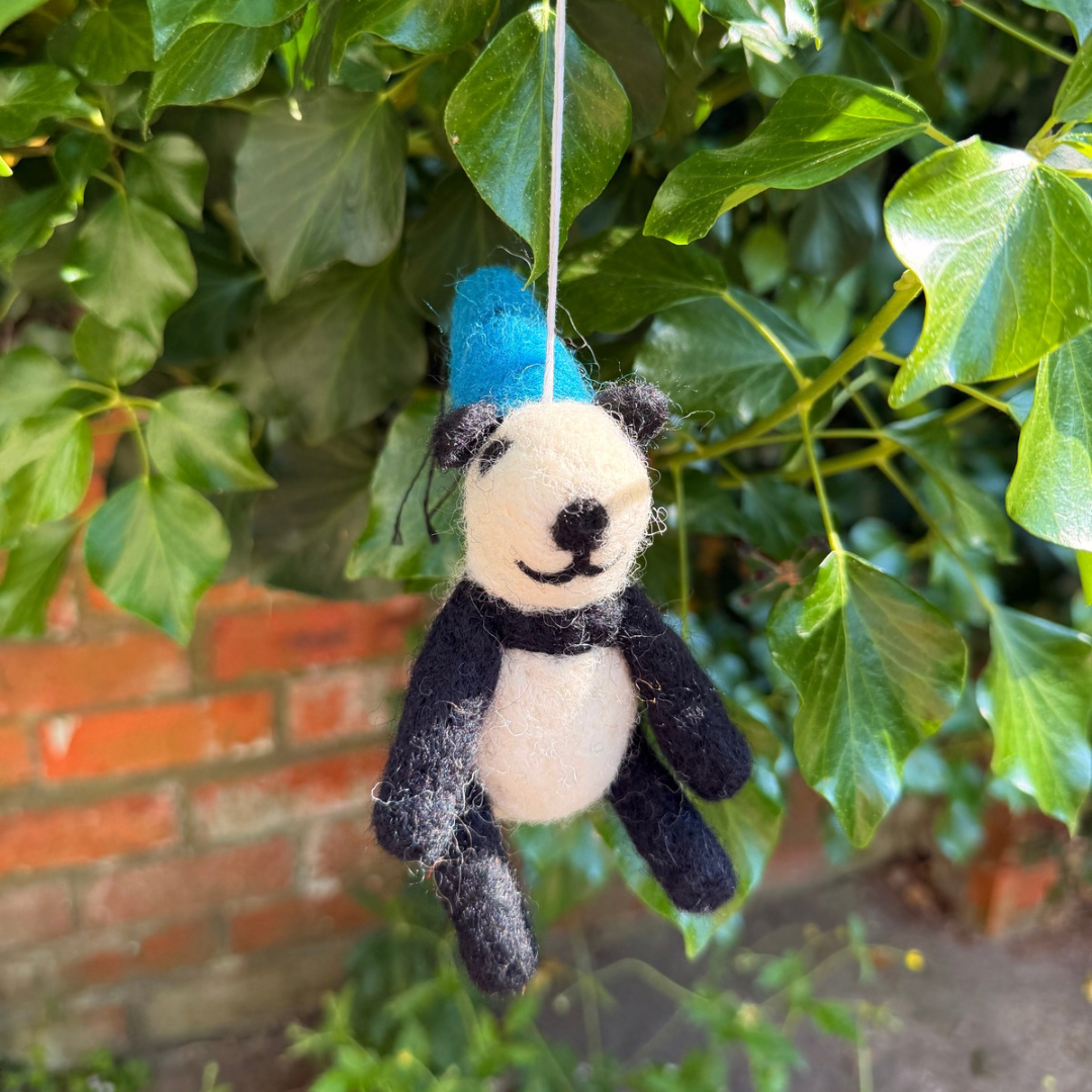 Handmade Felt Panda Bear Ornament with Blue Party Hat | Free Shipping Uk