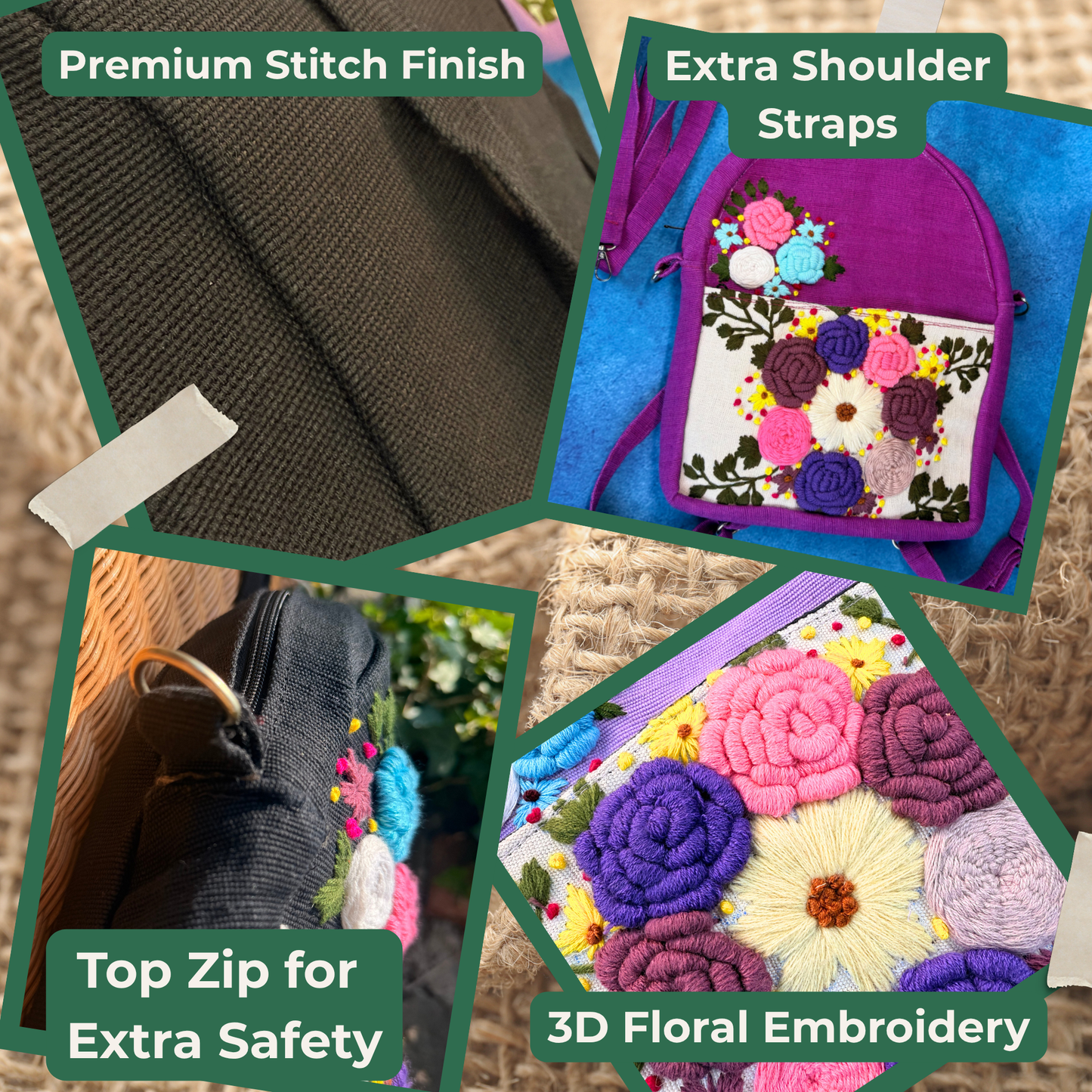 Handmade Embroidered Backpack for Women | Boho Floral Rucksack with Extra Laces | Lightweight Everyday Bag | Free UK Shipping