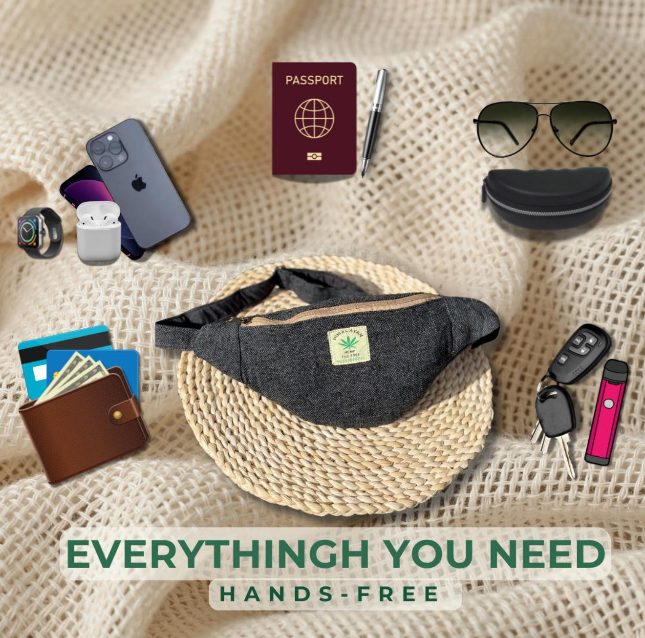 Handmade Hemp Waist Bag | Sustainable Everyday and Travel Fanny Pack|Free UK Shipping|