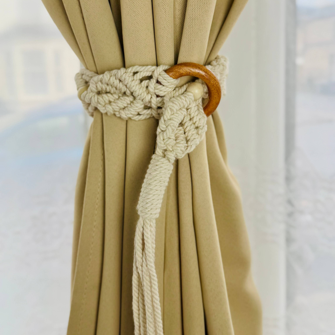 Handcrafted Macramé Curtain Tiebacks | Eco-Friendly Cotton with Wooden Accents | Rustic Boho Decor | Free UK Shipping