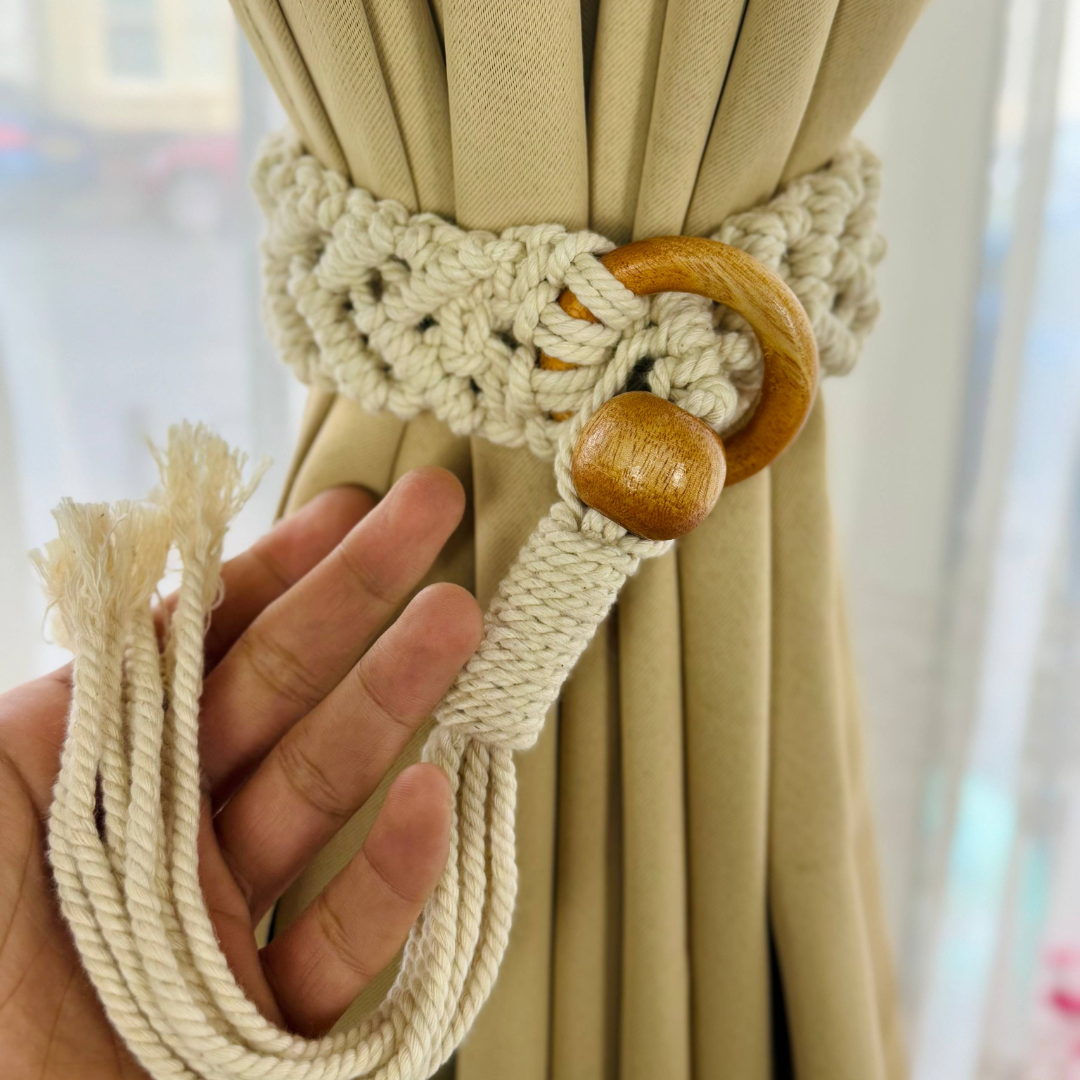 Handcrafted Boho Macramé Curtain Tiebacks | Natural Cotton with Wooden Accent | Eco-Friendly Home Decor | Free UK Shipping