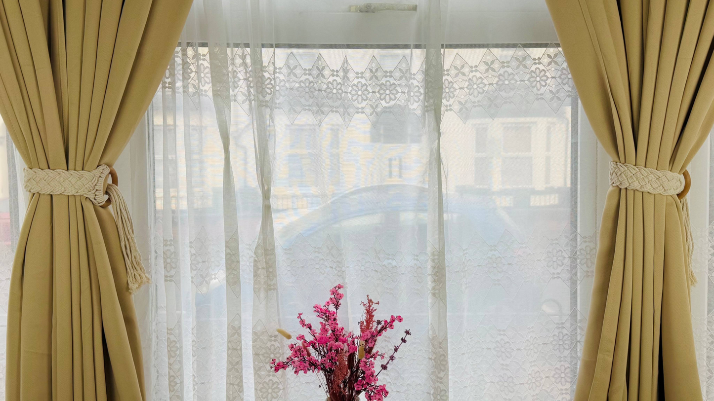 Natural Macramé Curtain Tiebacks | Handmade Cotton & Wooden Bead Holder | Rustic Eco-Friendly Window Decor