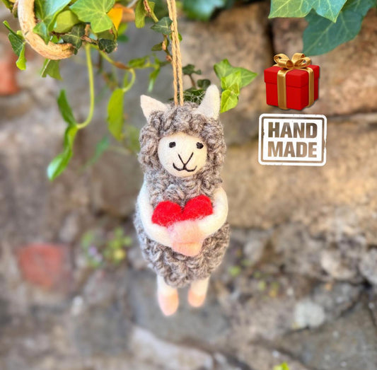 Handmade Felt Sheep Ornament – Cute Wool Animal Holding Heart | Eco-Friendly Valentine’s Gift & Home Decor