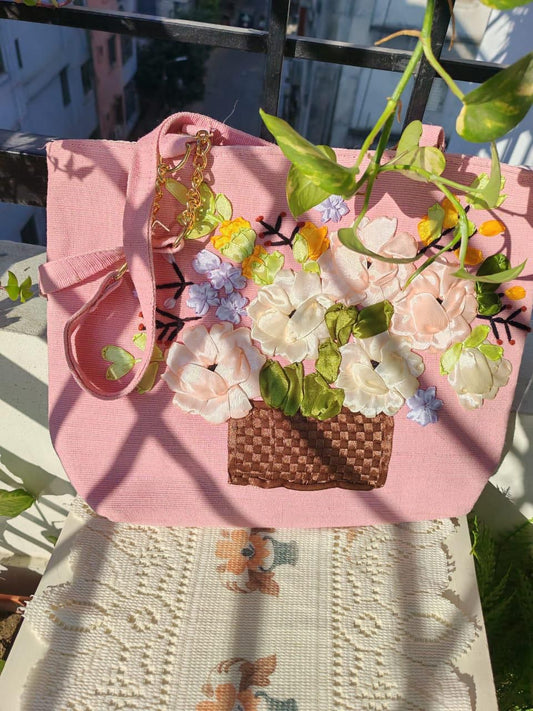 Handcrafted Floral Tote Bag – Eco-Friendly, Stylish & Sustainable | Dark Purple, Light Pink, Light Purple, Floral