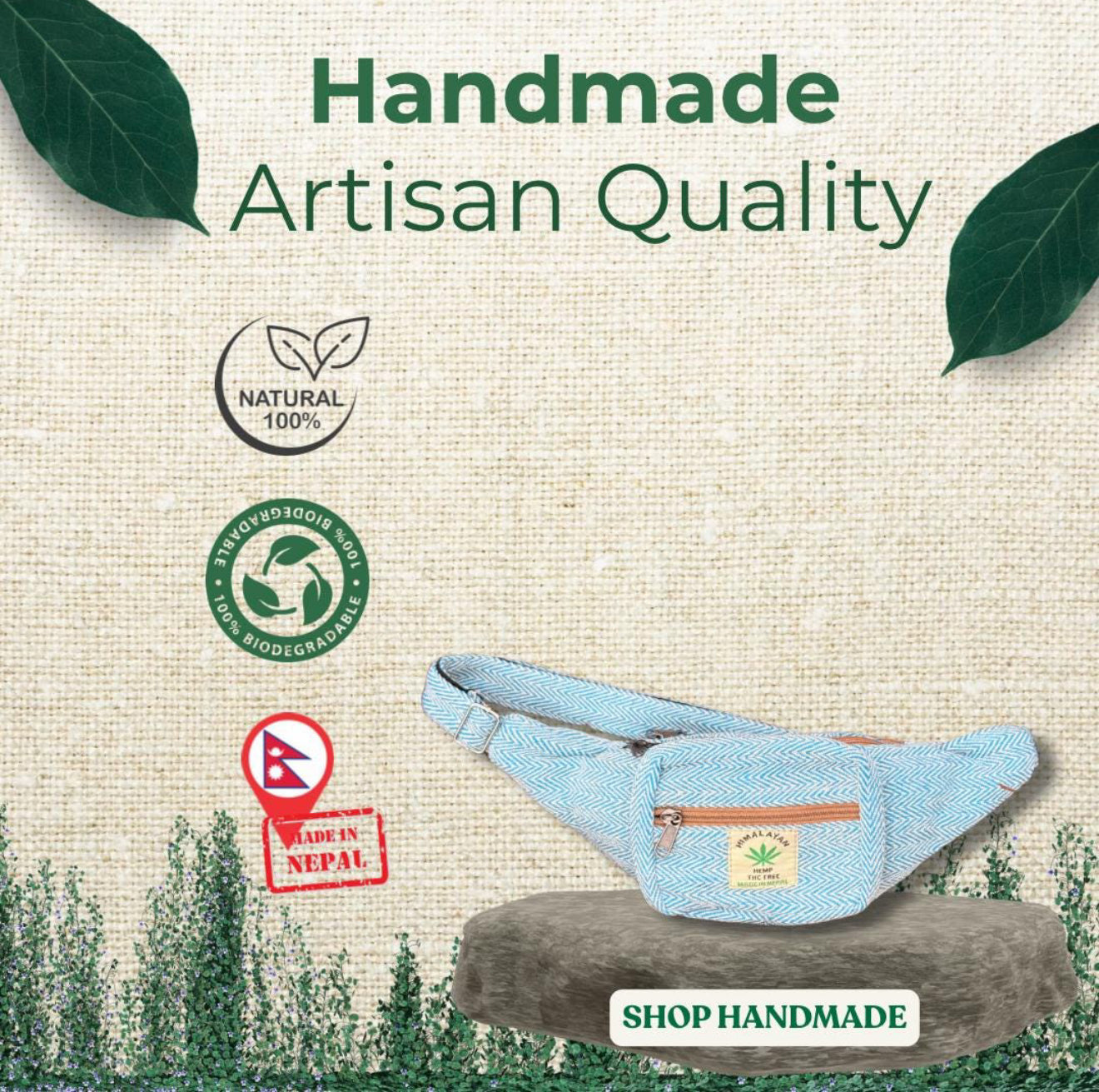 Handmade Hemp Waist Bag | Eco-Friendly Crossbody | 2 Zipper Pockets | Adjustable Strap | Free UK Shipping