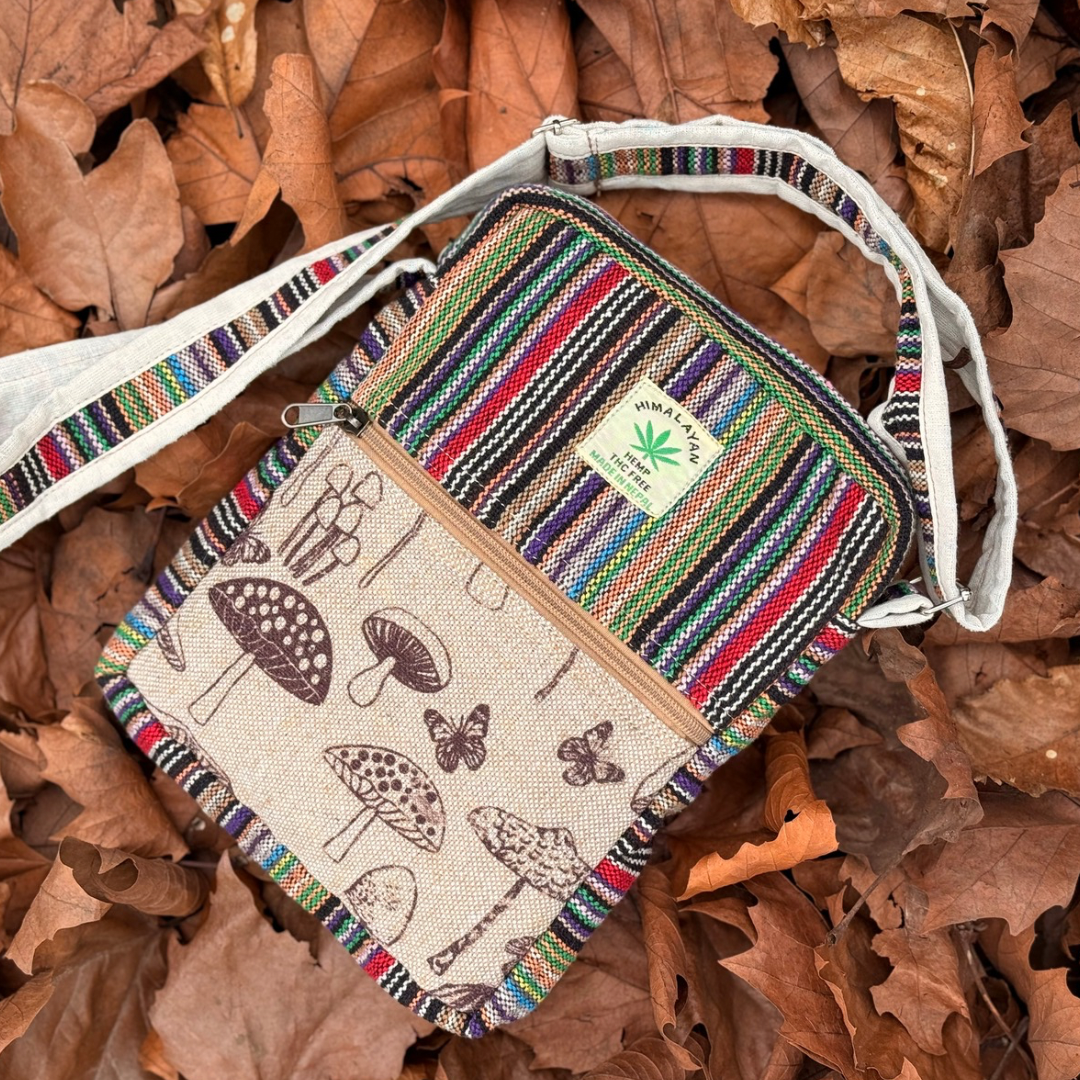 Handmade Mushroom Print Crossbody Bag – Eco-Friendly Hemp Boho Sling Bag for Travel & Festivals