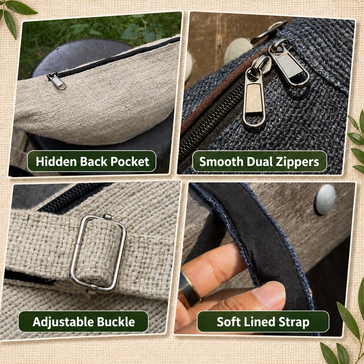 Handmade Himalayan Hemp Crossbody Waist Bag with Two Zip Pockets