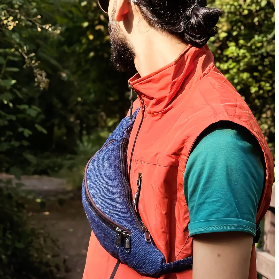 Handmade Himalayan Hemp Crossbody Waist Bag with Two Zip Pockets
