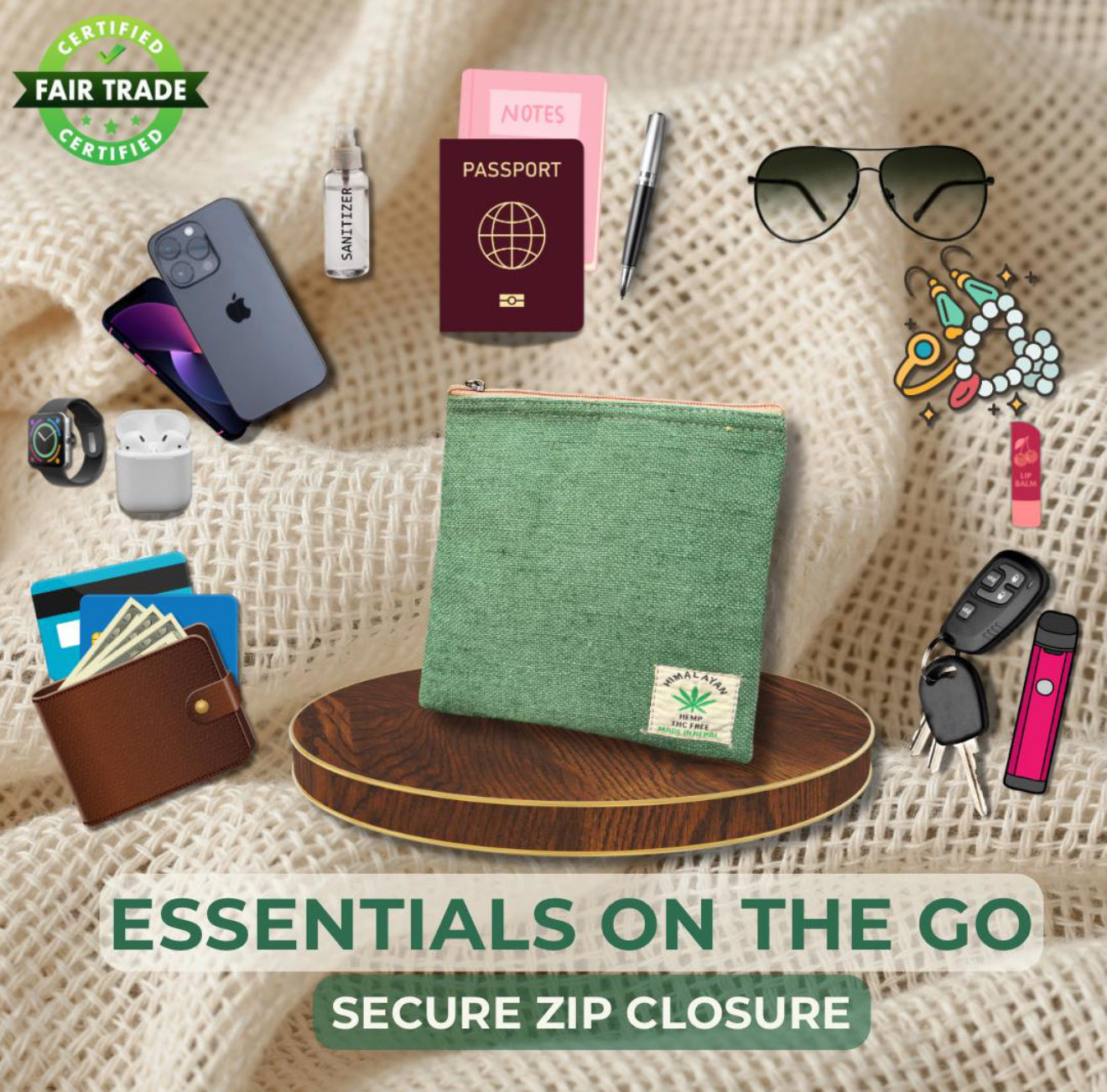 Handmade Hemp Zip Pouch | Eco-Friendly Travel Pouch | Sustainable Everyday Wallet | Free UK Shipping