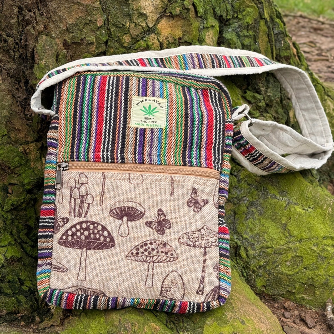 Handmade Mushroom Print Crossbody Bag – Eco-Friendly Hemp Boho Sling Bag for Travel & Festivals