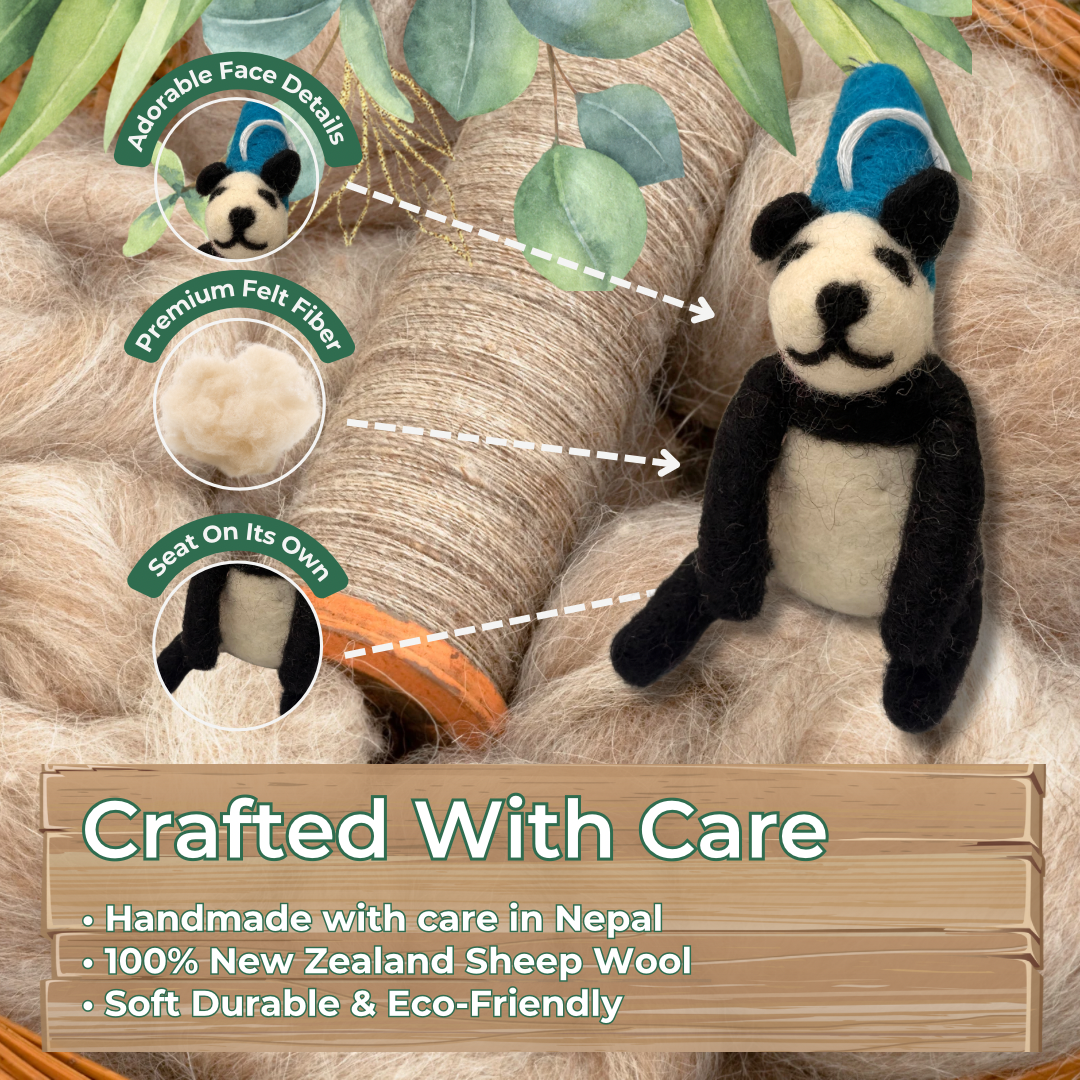 Handmade Felt Panda Bear Ornament with Blue Party Hat | Free Shipping Uk