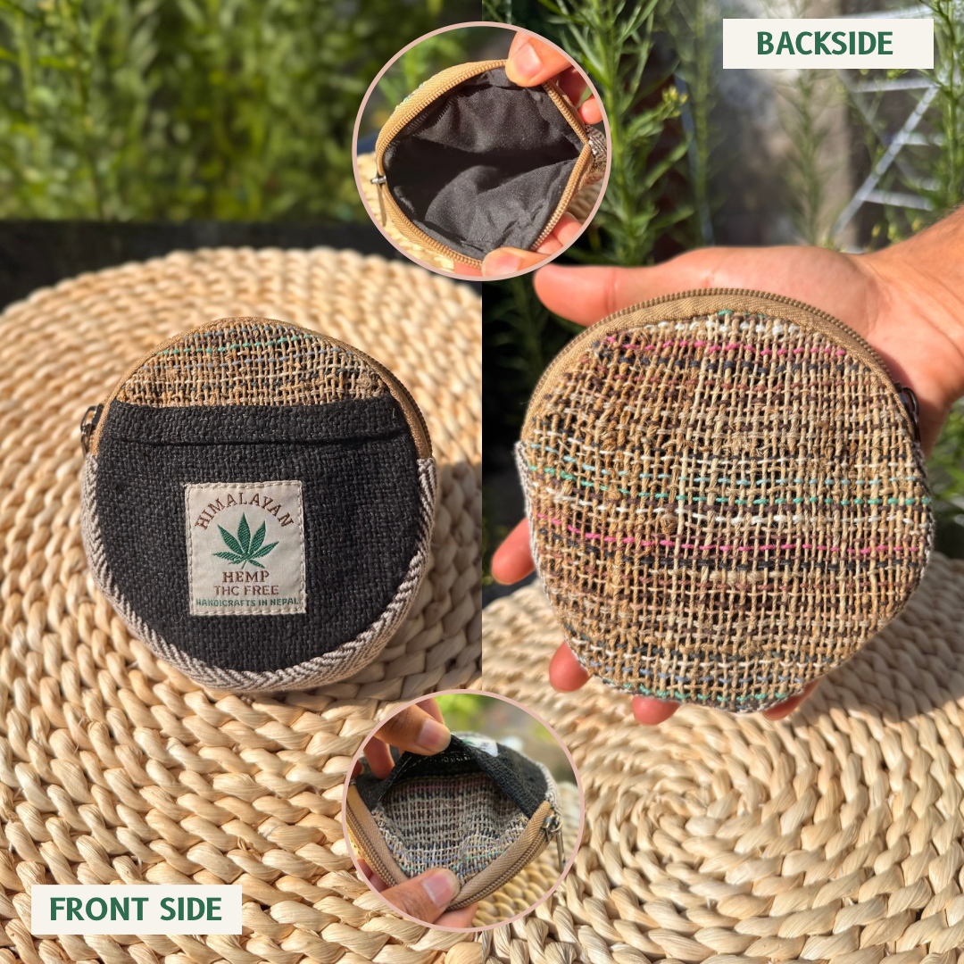 Handmade Hemp Coin Purse | Eco-Friendly Round Wallet with Zipper & Pocket | Ethical Gift, Fair Trade, Unisex