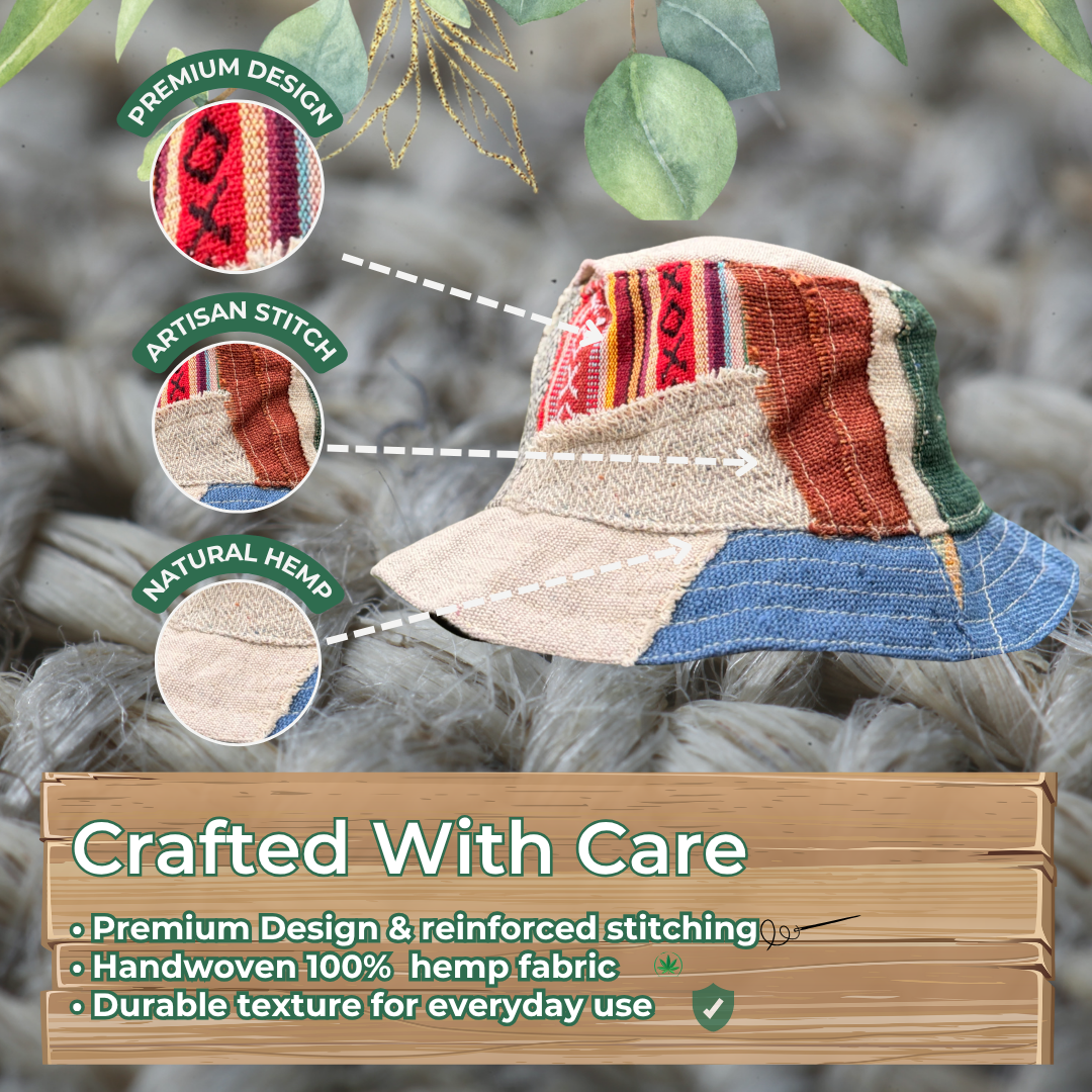 Handmade Hemp Patchwork Bucket Hat – Eco-Friendly Unisex Festival Hat