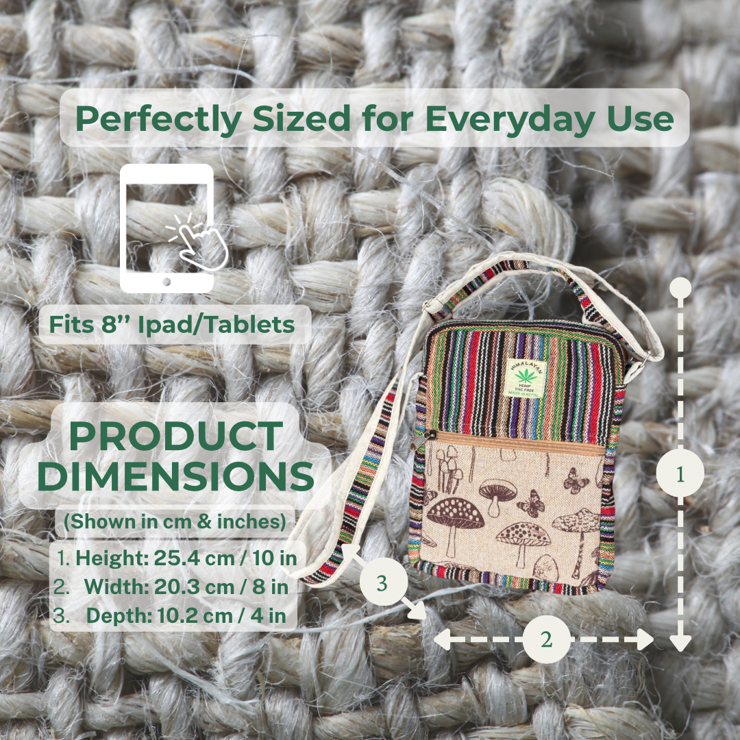 Handmade Mushroom Print Crossbody Bag – Eco-Friendly Hemp Boho Sling Bag for Travel & Festivals