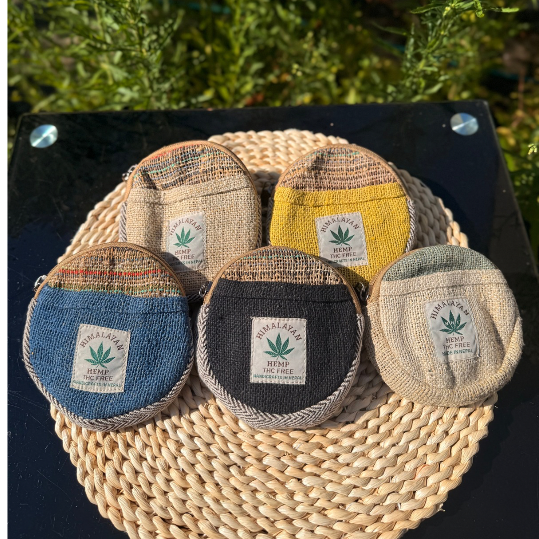 Handmade Hemp Coin Purse | Eco-Friendly Round Wallet with Zipper & Pocket | Ethical Gift, Fair Trade, Unisex