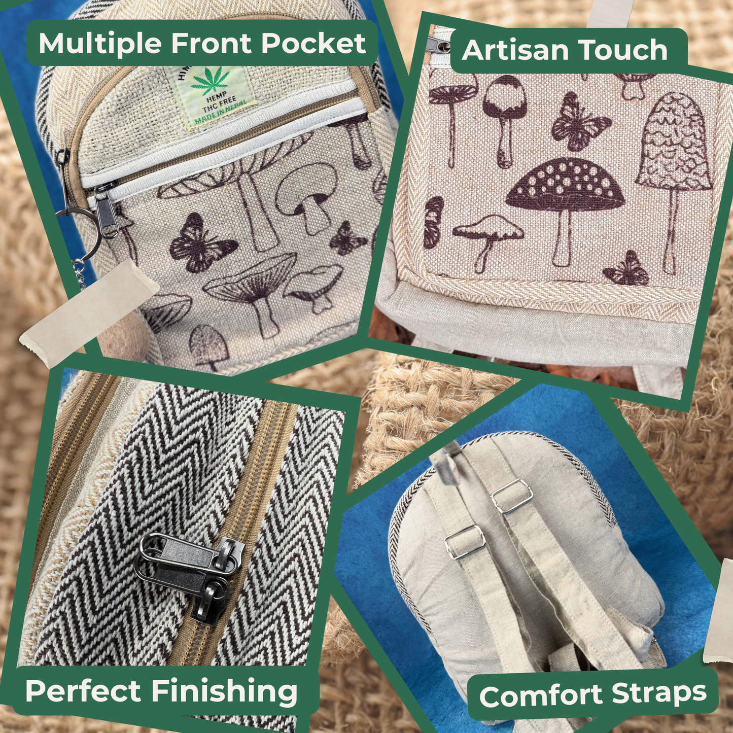 Handmade Botanical Hemp Backpack – Eco-Friendly, Lightweight & Durable Bag for Daily Use & Travel