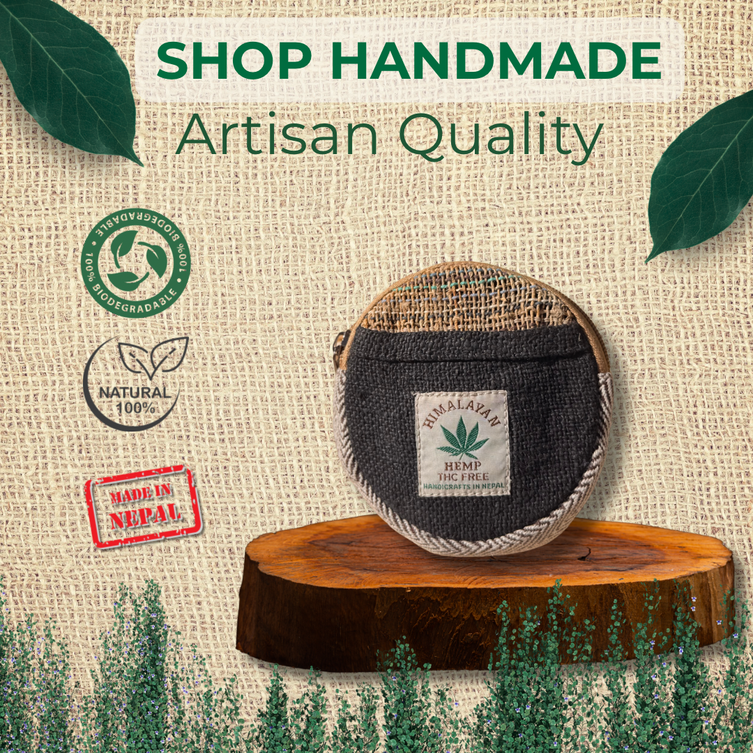 Handmade Hemp Coin Purse | Eco-Friendly Round Wallet with Zipper & Pocket | Ethical Gift, Fair Trade, Unisex