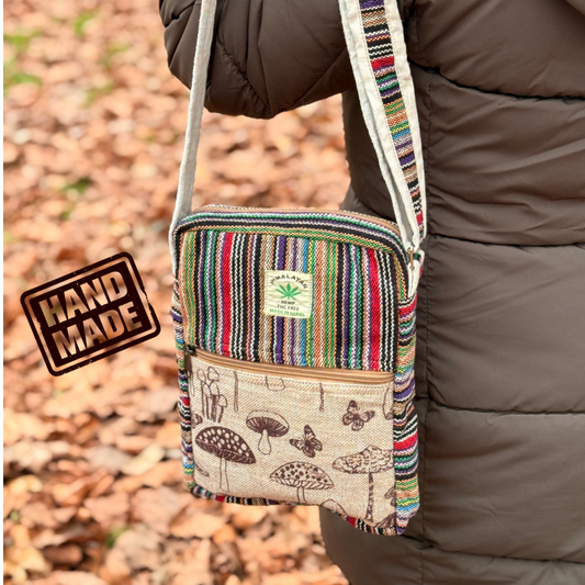 Handmade Mushroom Print Crossbody Bag – Eco-Friendly Hemp Boho Sling Bag for Travel & Festivals