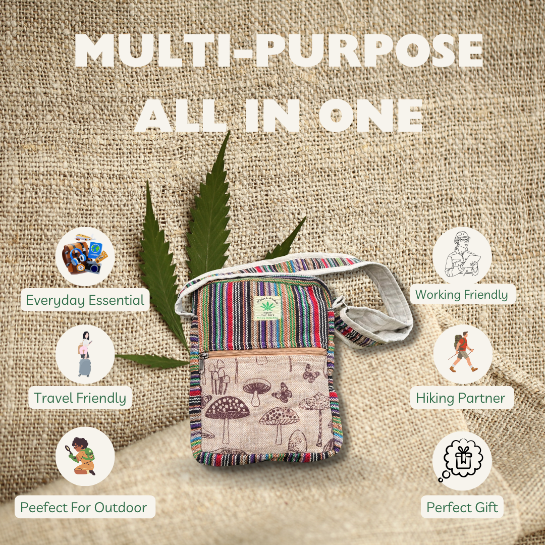 Handmade Mushroom Print Crossbody Bag – Eco-Friendly Hemp Boho Sling Bag for Travel & Festivals