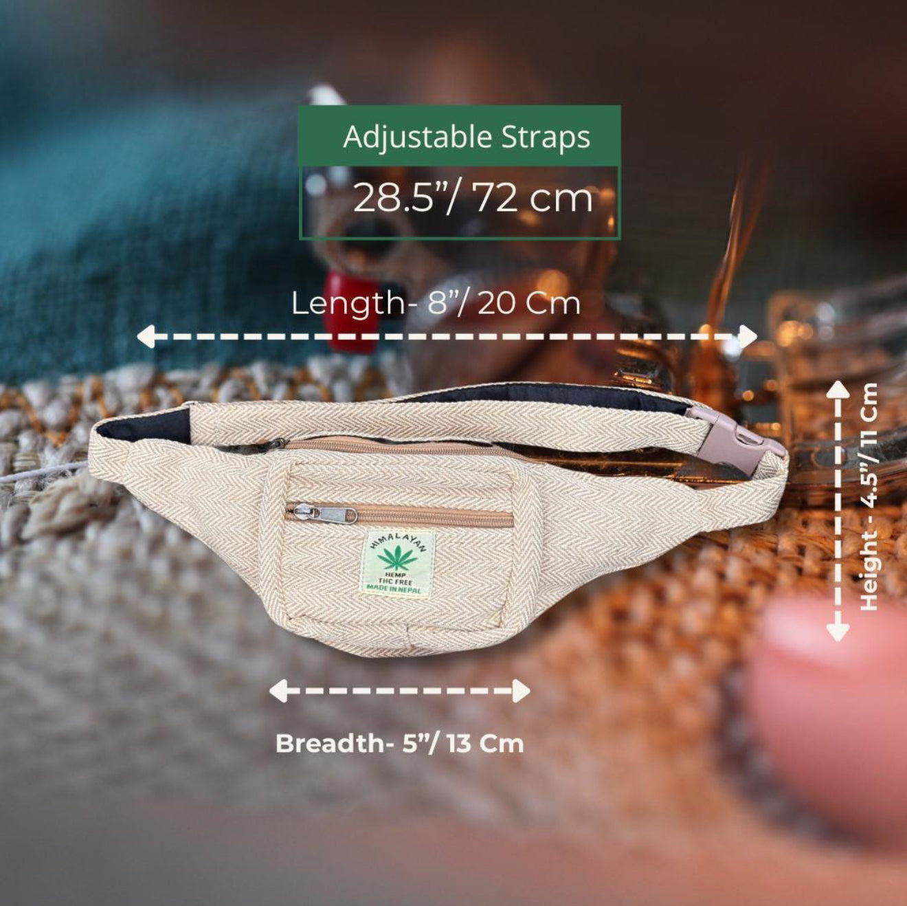 Handmade Hemp Waist Bag | Eco-Friendly Crossbody | 2 Zipper Pockets | Adjustable Strap | Free UK Shipping