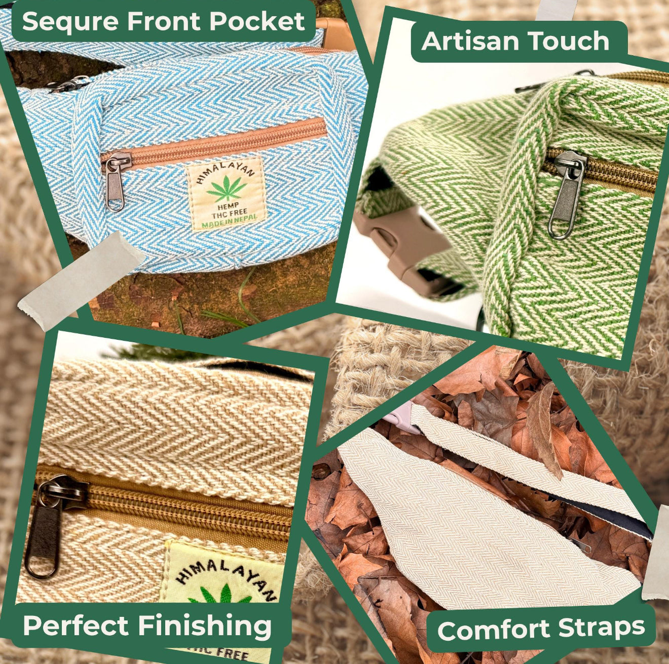 Handmade Hemp Waist Bag | Eco-Friendly Crossbody | 2 Zipper Pockets | Adjustable Strap | Free UK Shipping