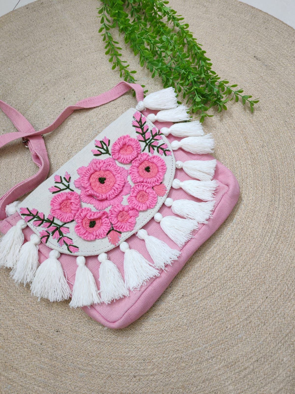 Handmade Embroidered Tassel Bag – Sustainable Crossbody with Adjustable Strap