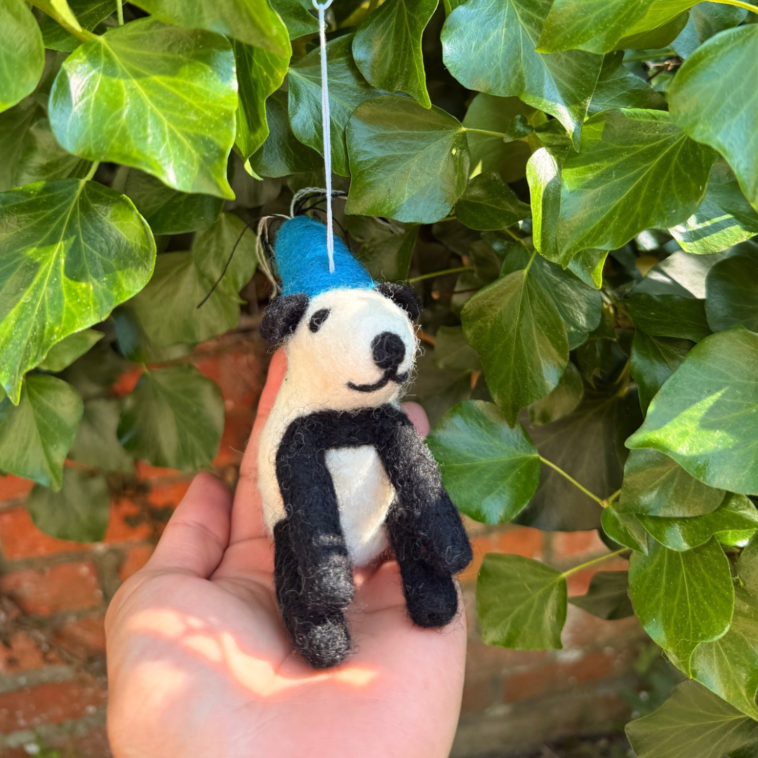 Handmade Felt Panda Bear Ornament with Blue Party Hat | Free Shipping Uk