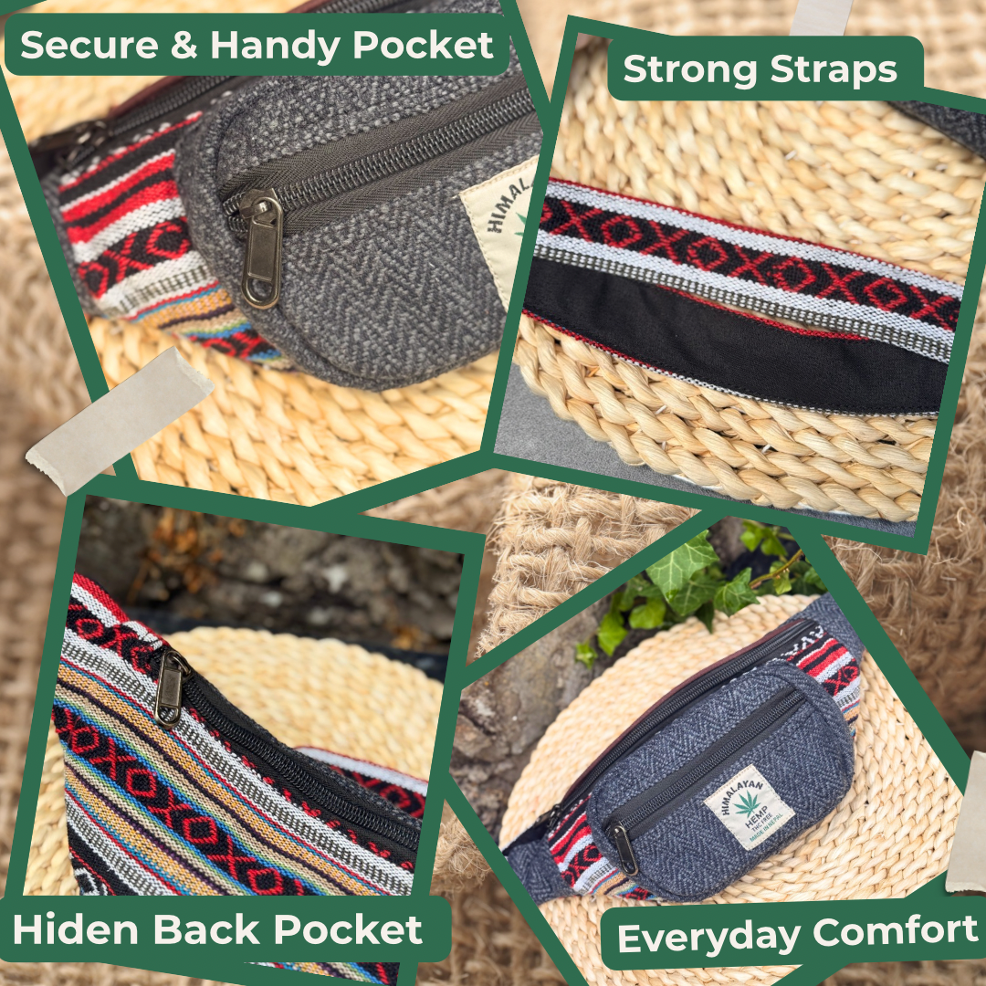 Handmade Hemp Waist Bag with Hidden Pocket | Eco-Friendly Festival & Travel Belt Bag | Adjustable Strap | Free UK Shipping