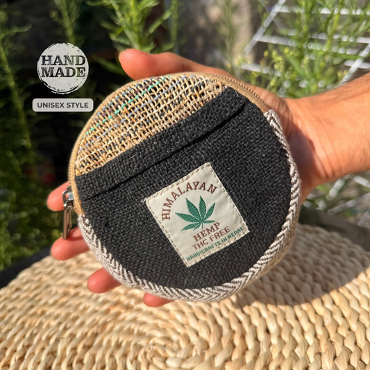 Handmade Hemp Coin Purse | Eco-Friendly Round Wallet with Zipper & Pocket | Ethical Gift, Fair Trade, Unisex