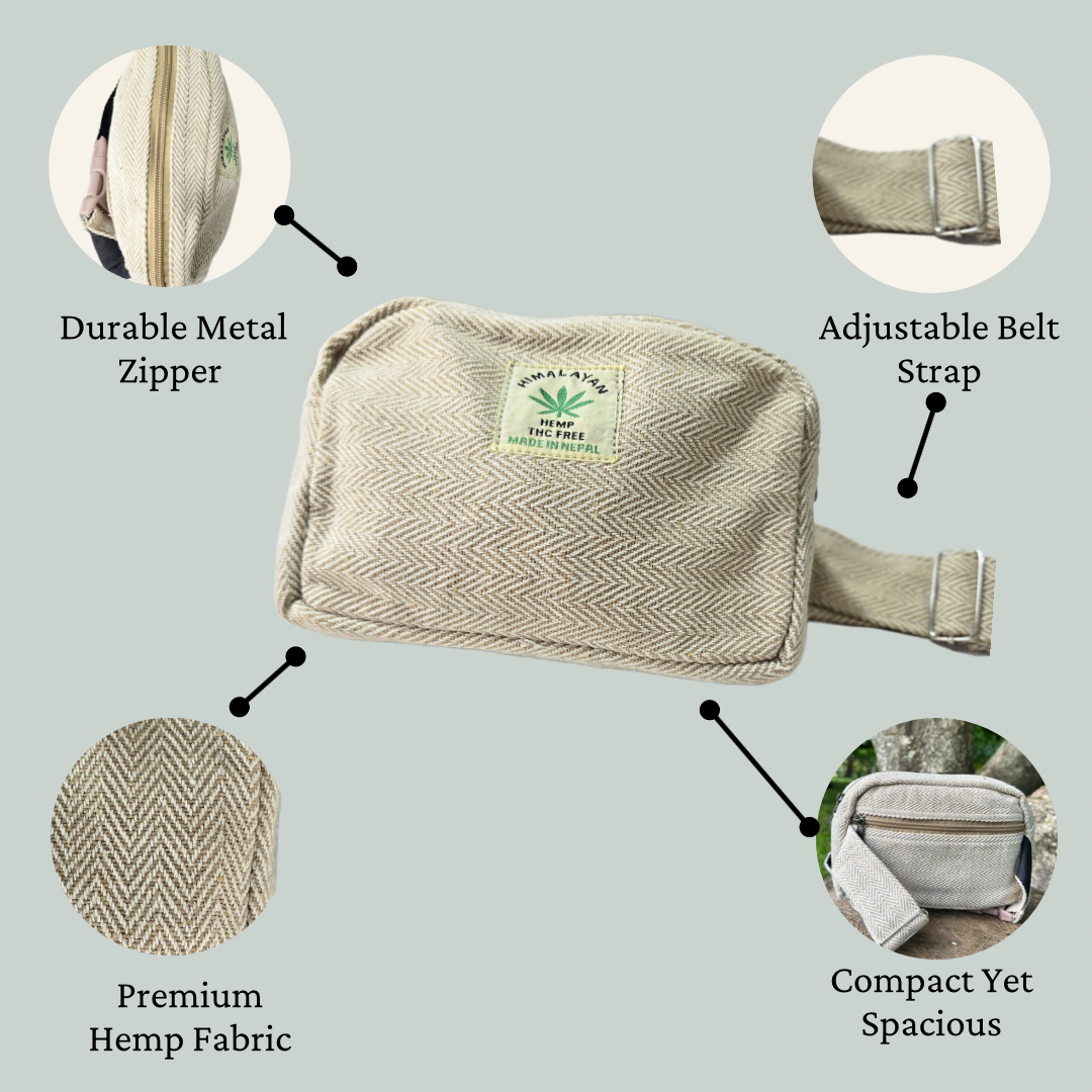 Eco-Friendly Hemp Fanny Pack with 2 Pockets & Adjustable Strap – Handmade in Nepal