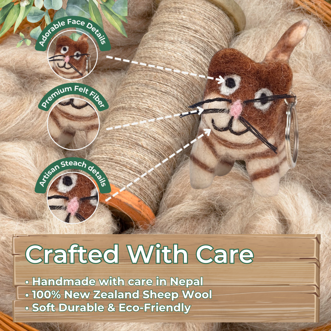 Handmade Felt Cat Keychain | Eco-Friendly Wool Keyring | Sustainable Gift | Handmade In Nepal