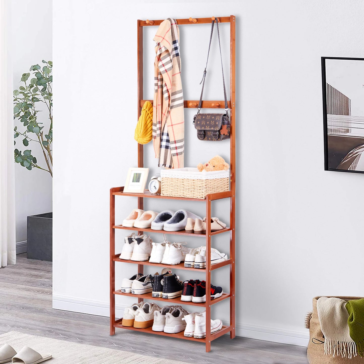 Bamboo Hall Tree with Storage Shelves & Hooks