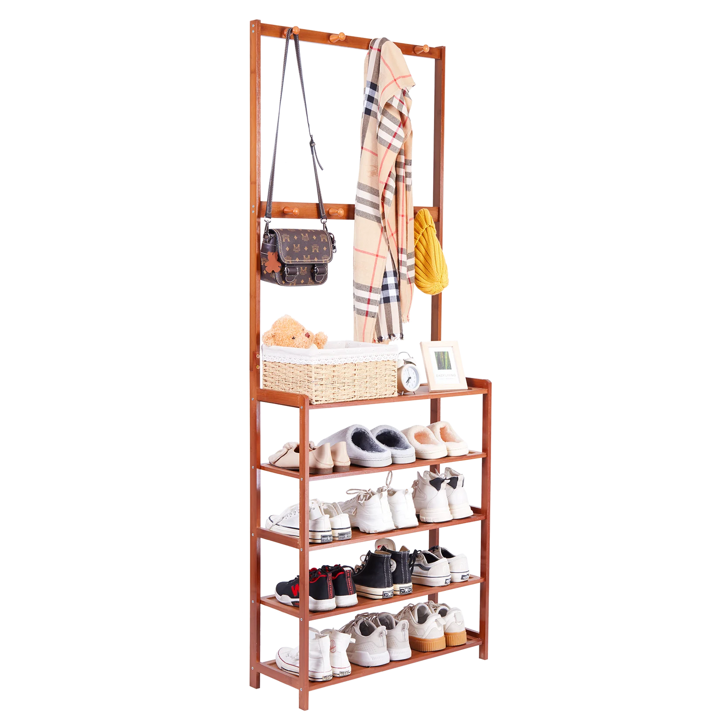 Bamboo Hall Tree with Storage Shelves & Hooks