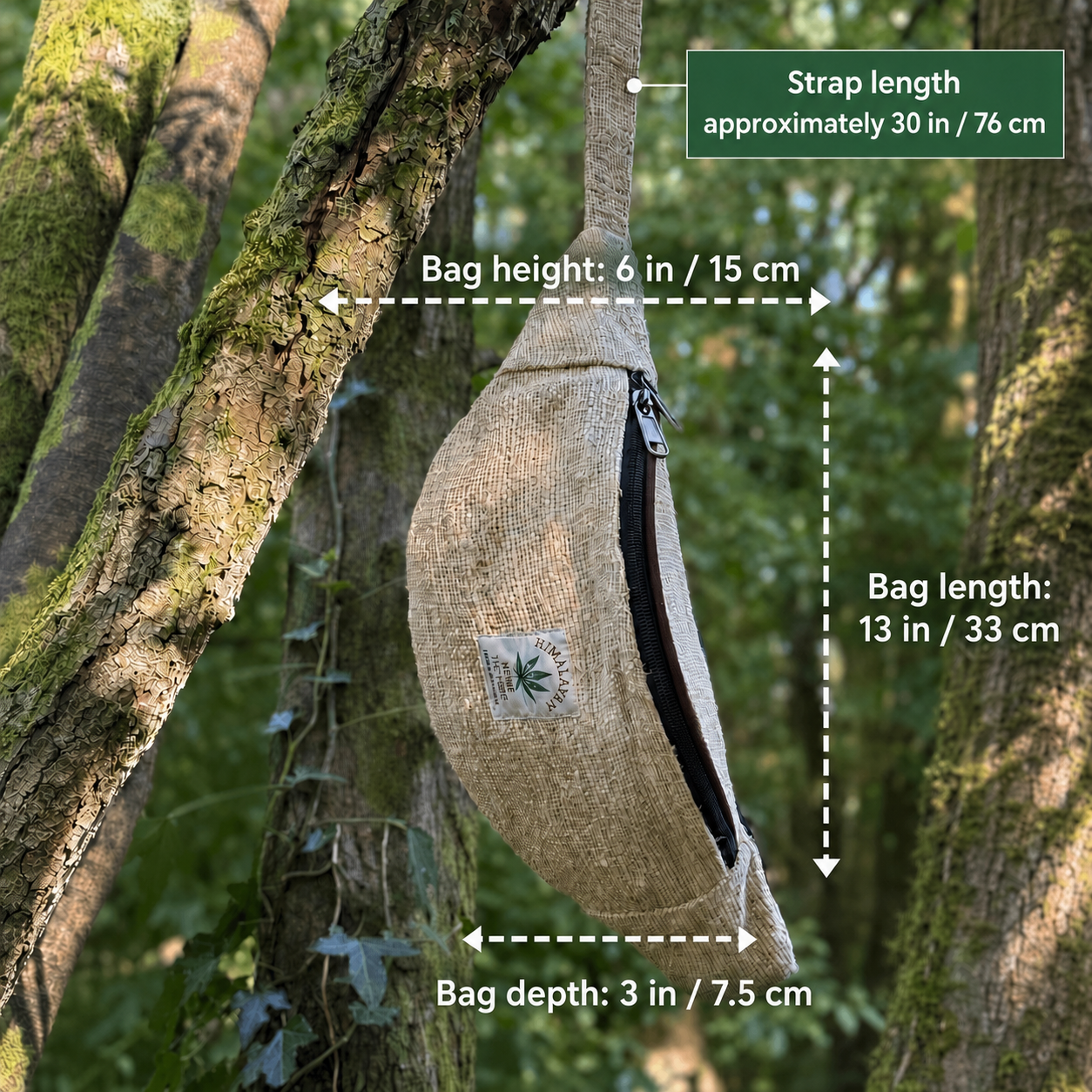 Handmade Himalayan Hemp Crossbody Waist Bag with Two Zip Pockets