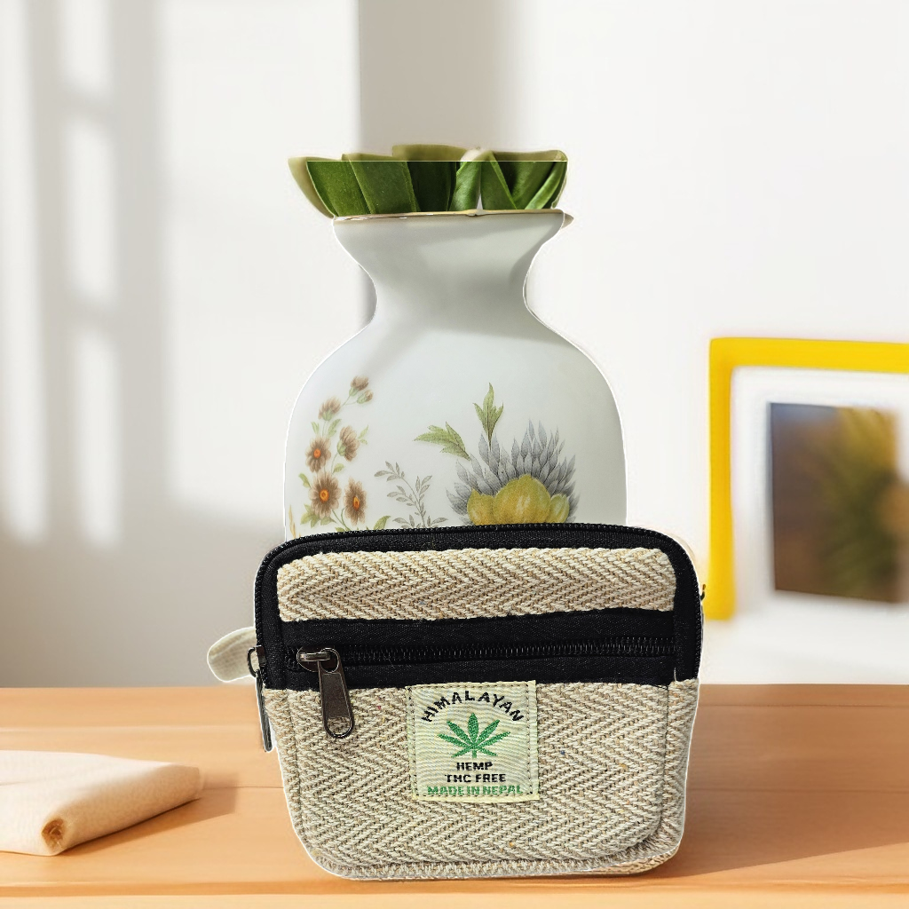 Eco-Friendly Hemp Coin Purse – Compact Wallet with 2 Zipper Pockets | Sustainable, Handmade in Nepal |  Free 3-Day UK Delivery