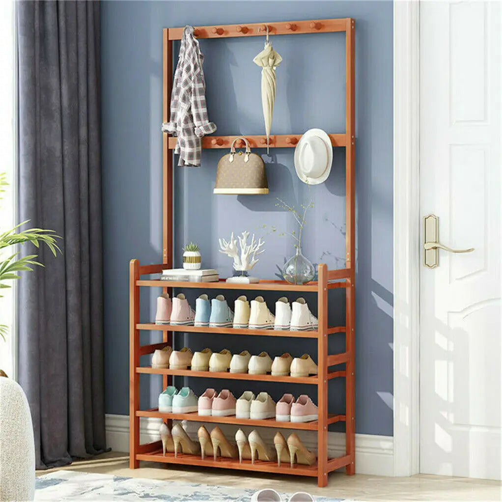 Bamboo Hall Tree with Storage Shelves & Hooks