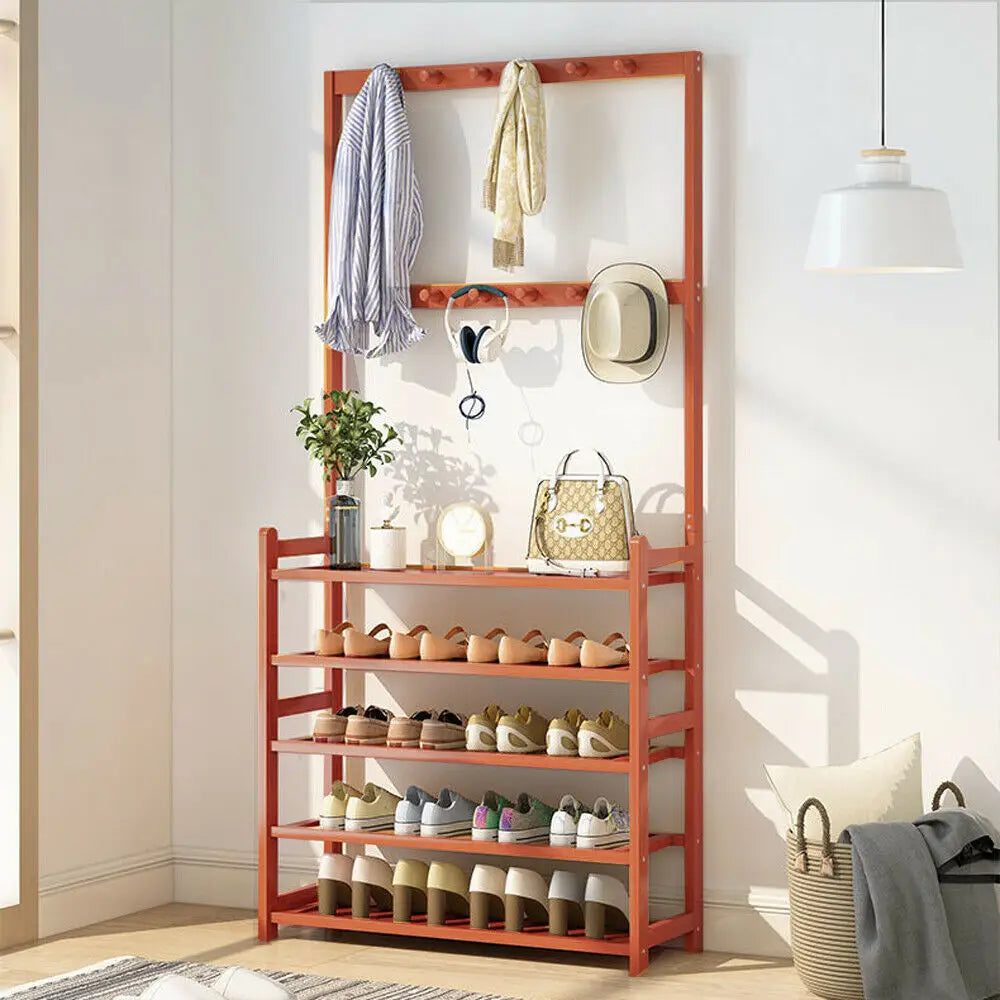 Bamboo Hall Tree with Storage Shelves & Hooks