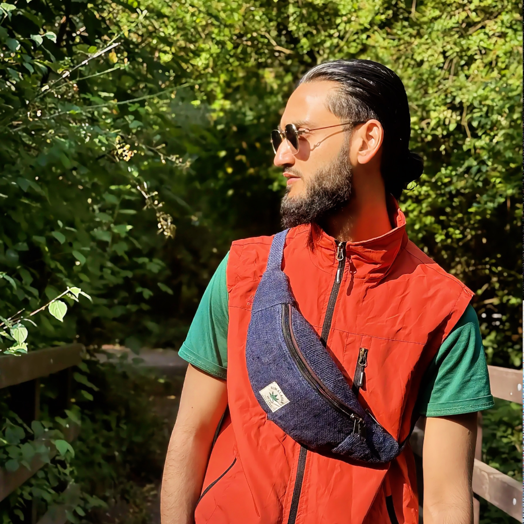 Handmade Himalayan Hemp Crossbody Waist Bag with Two Zip Pockets